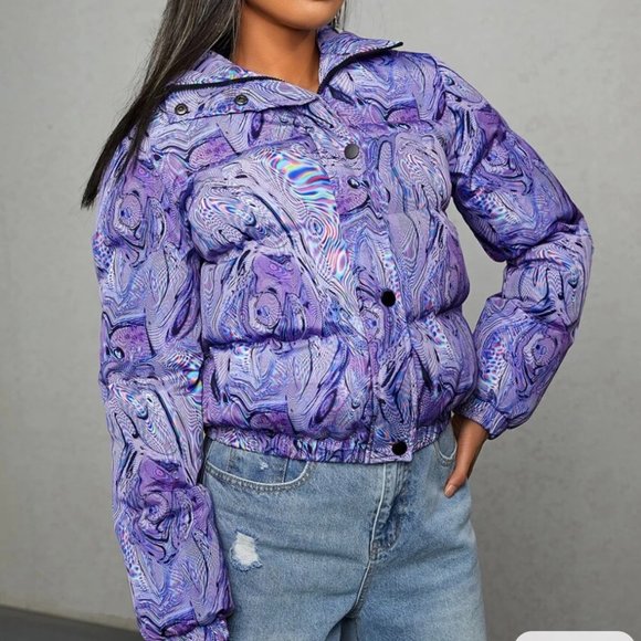 SHEIN Holographic / Trippy Marble Pattern Puffer Coat - Picture 7 of 10
